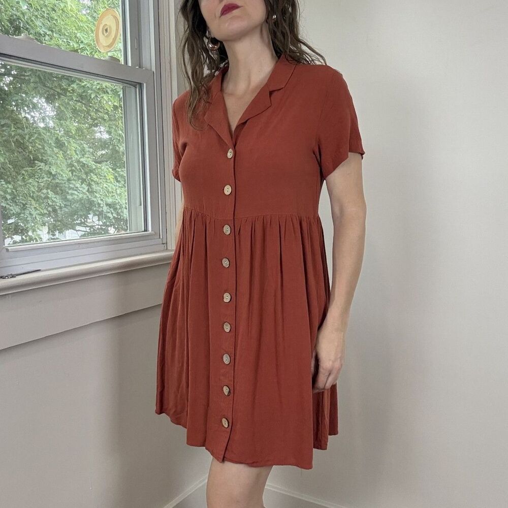 Amaryllis Button Front Babydoll Oversized Mini Dress, Rush Orange Empire Waist